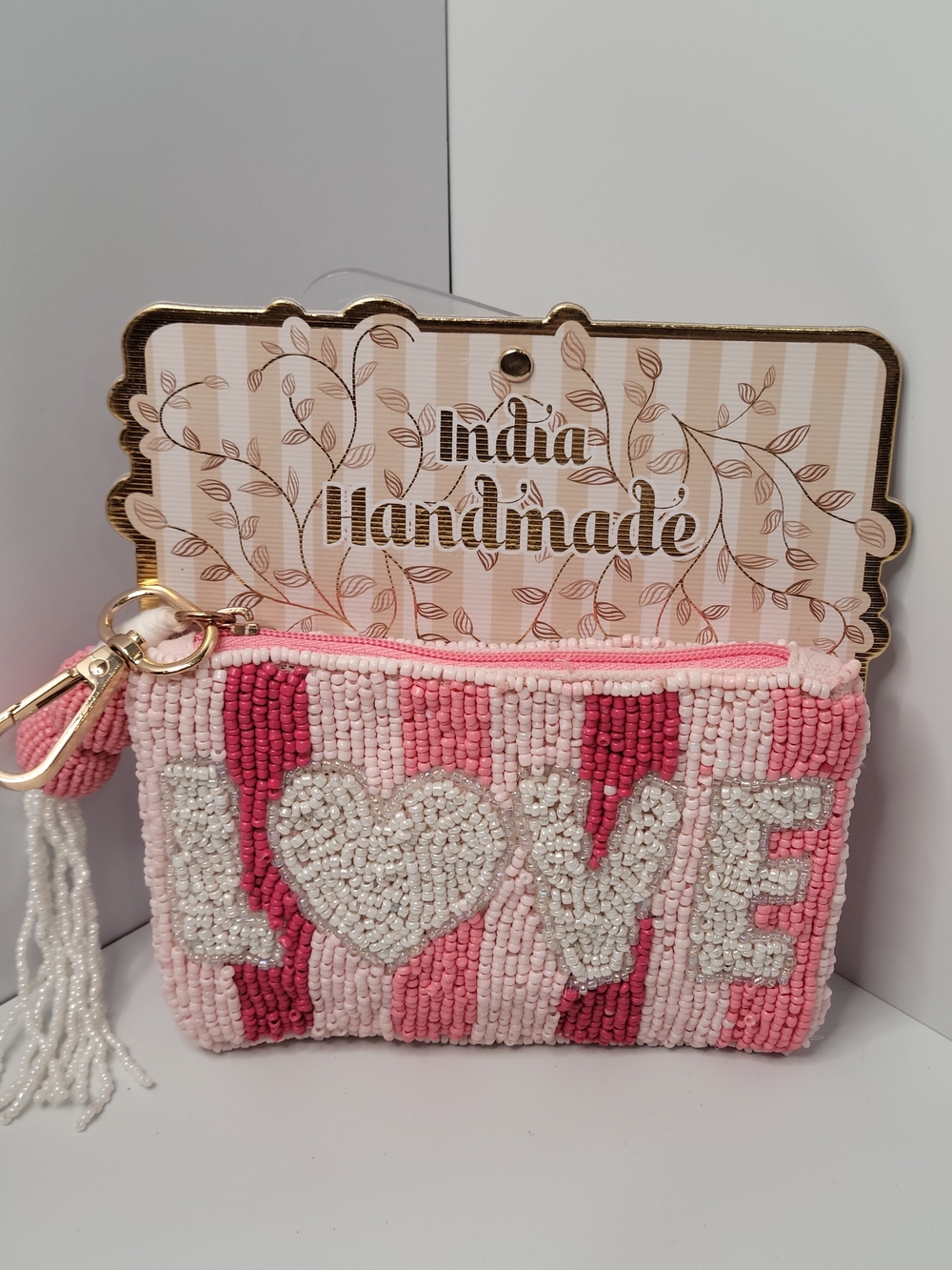 Made In India Handmade Pink Beaded "LOVE" Wristlet Coin Purse